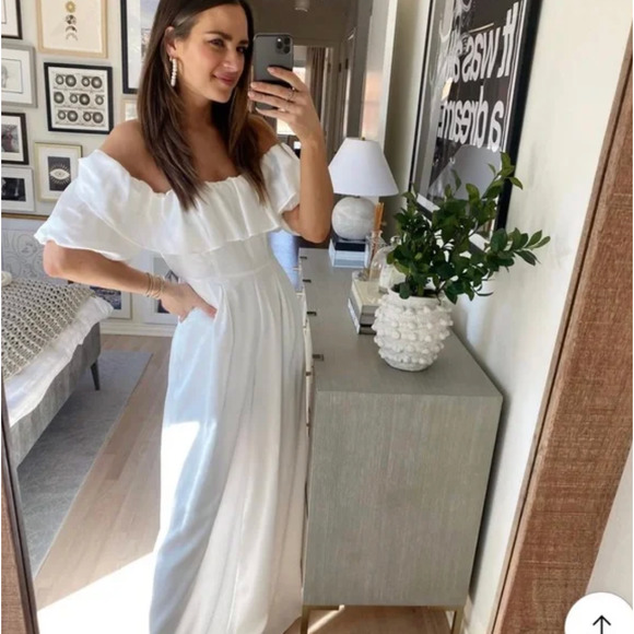 BHLDN x FAME & PARTNER Tessiah Ruffle Off Shoulder Jumpsuit White {3F49} - Picture 5 of 5